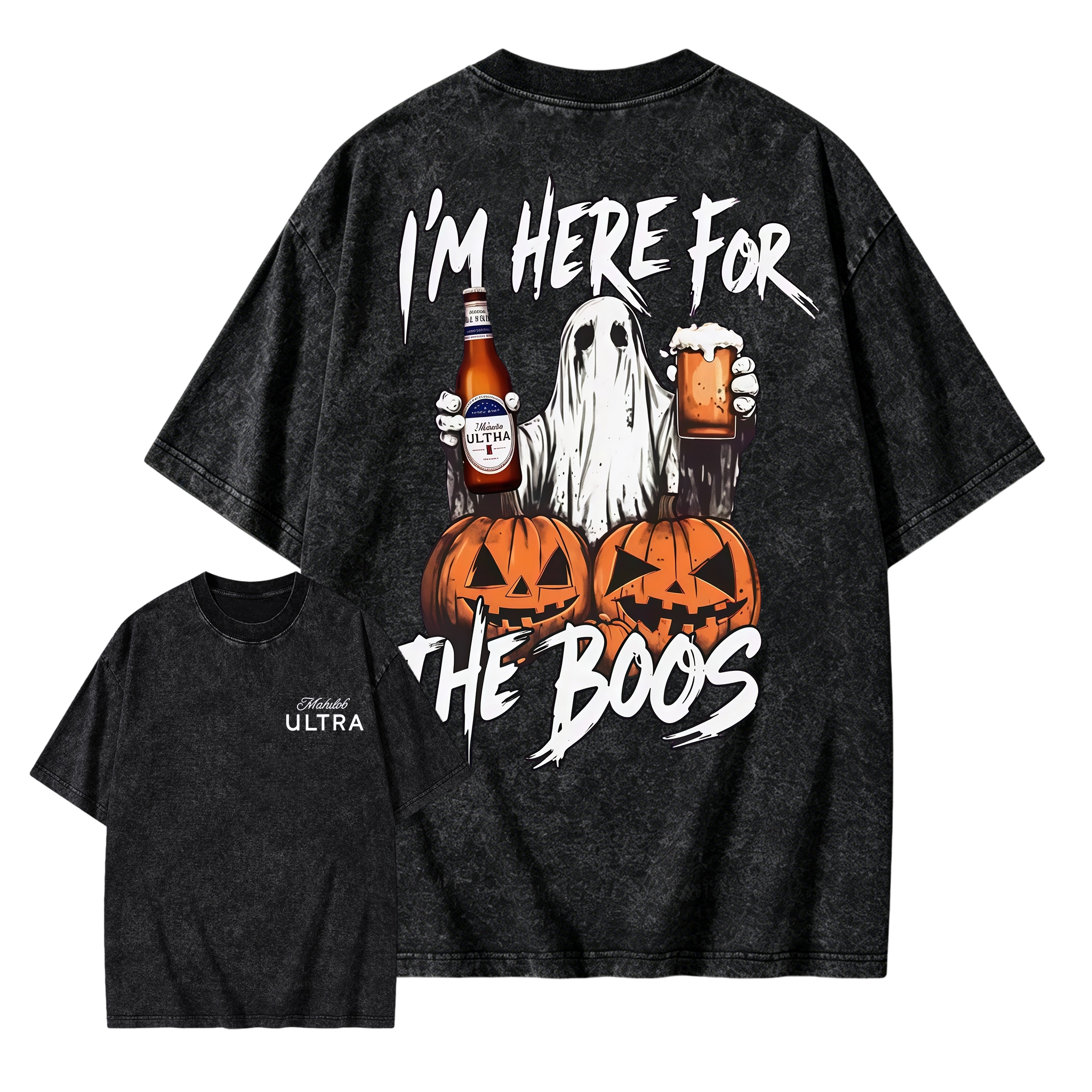 Vintage Washed Ghost "I'm Here For The Boos" Double-Sided Graphic Tee | Unisex oversized Crew Neck Cotton Streetwear, Halloween Casual Top for Men & Women
