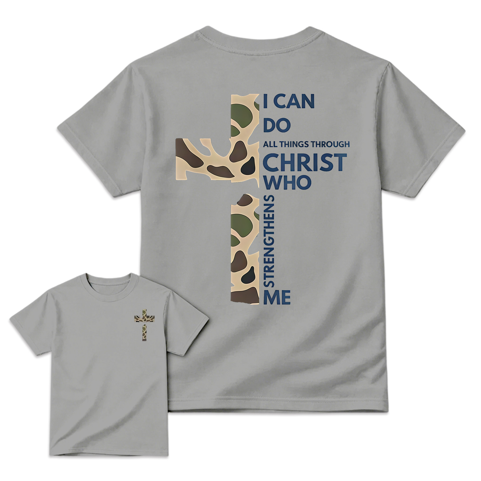 Christian Casual Round Neck Graphic T-Shirt - Camo Cross Print, Philippians 4:13, Relaxed Fit Soft Cotton, Fade-Resistant, Fashion Apparel, All Seasons Church Streetwear Top, Graphic T Shirts