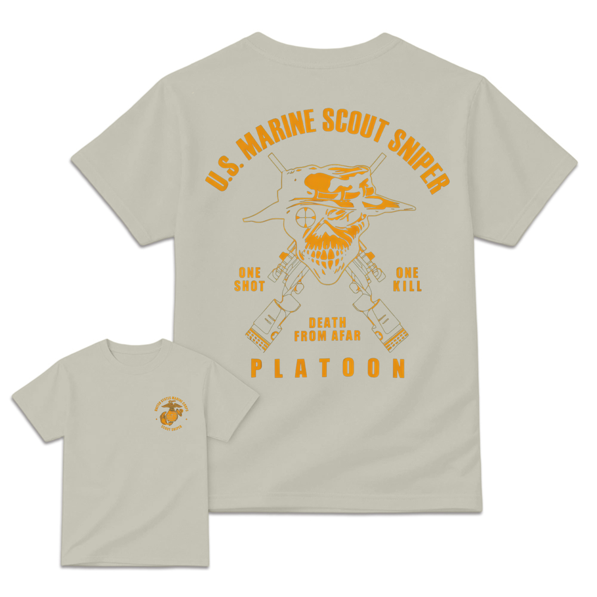 Men's U.S. Marine Scout Sniper T-Shirt,  Casual Menswear, 2-Sided Marine Legacy Art, Bold Skull and Rifle Art, Skull Print, Eagle Globe & Anchor Military Pride Apparel