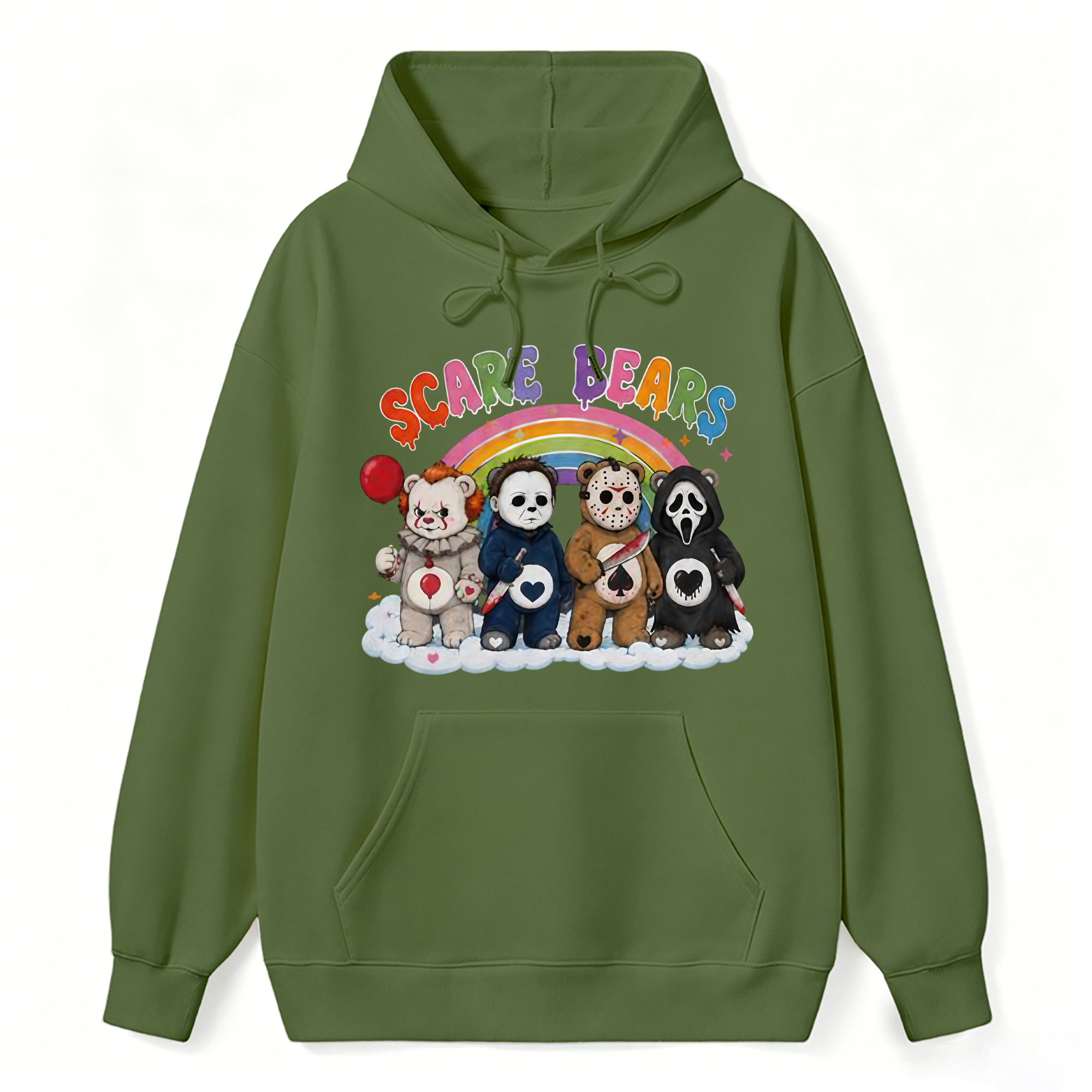 Scare Bears Cute Halloween Graphic Hoodie, Unisex Long‑Sleeve Pullover Hooded Sweatshirt for Fall Holiday Casual Daily Outfits
