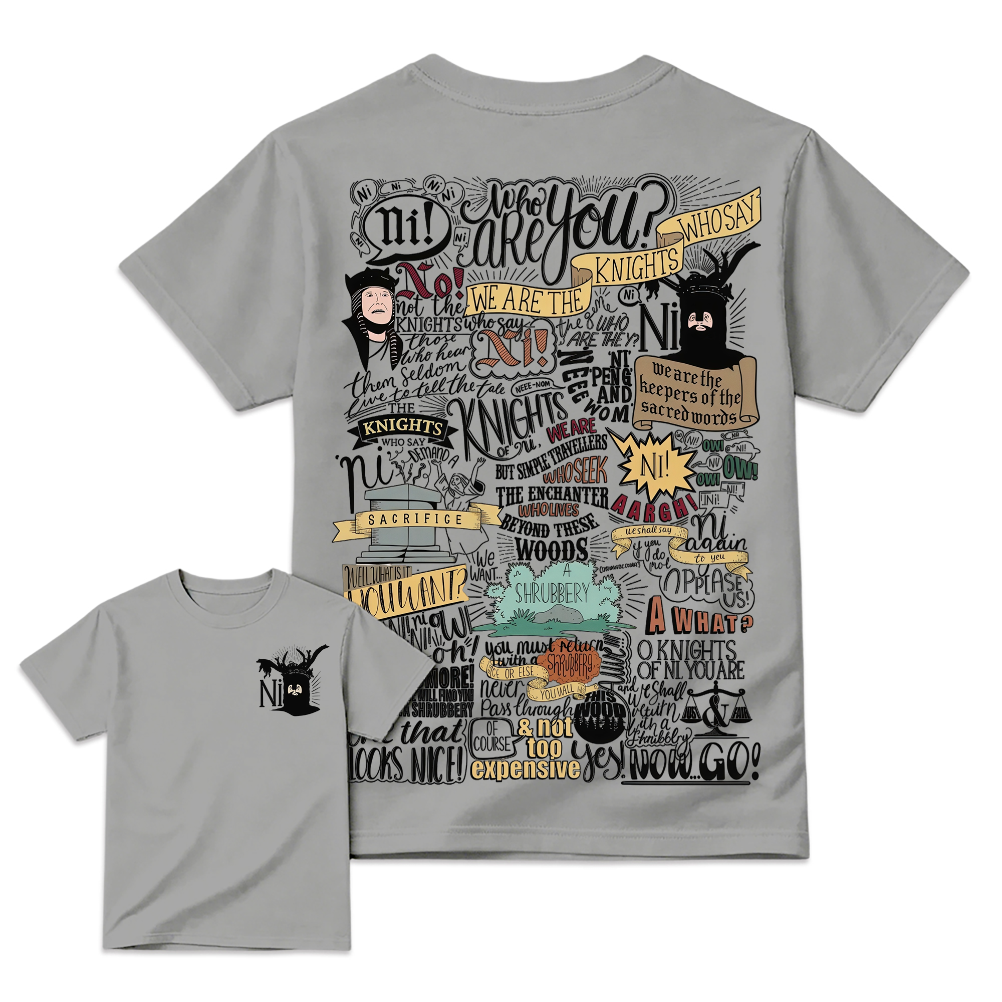 Ni! & Shrubbery Knights Who Say Ni Shirt 2sides, Monty Python and the Holy Grail Meme Tee, Funny 1975 Weirdcore Y2K Aesthetic Gift Unisex Shirt