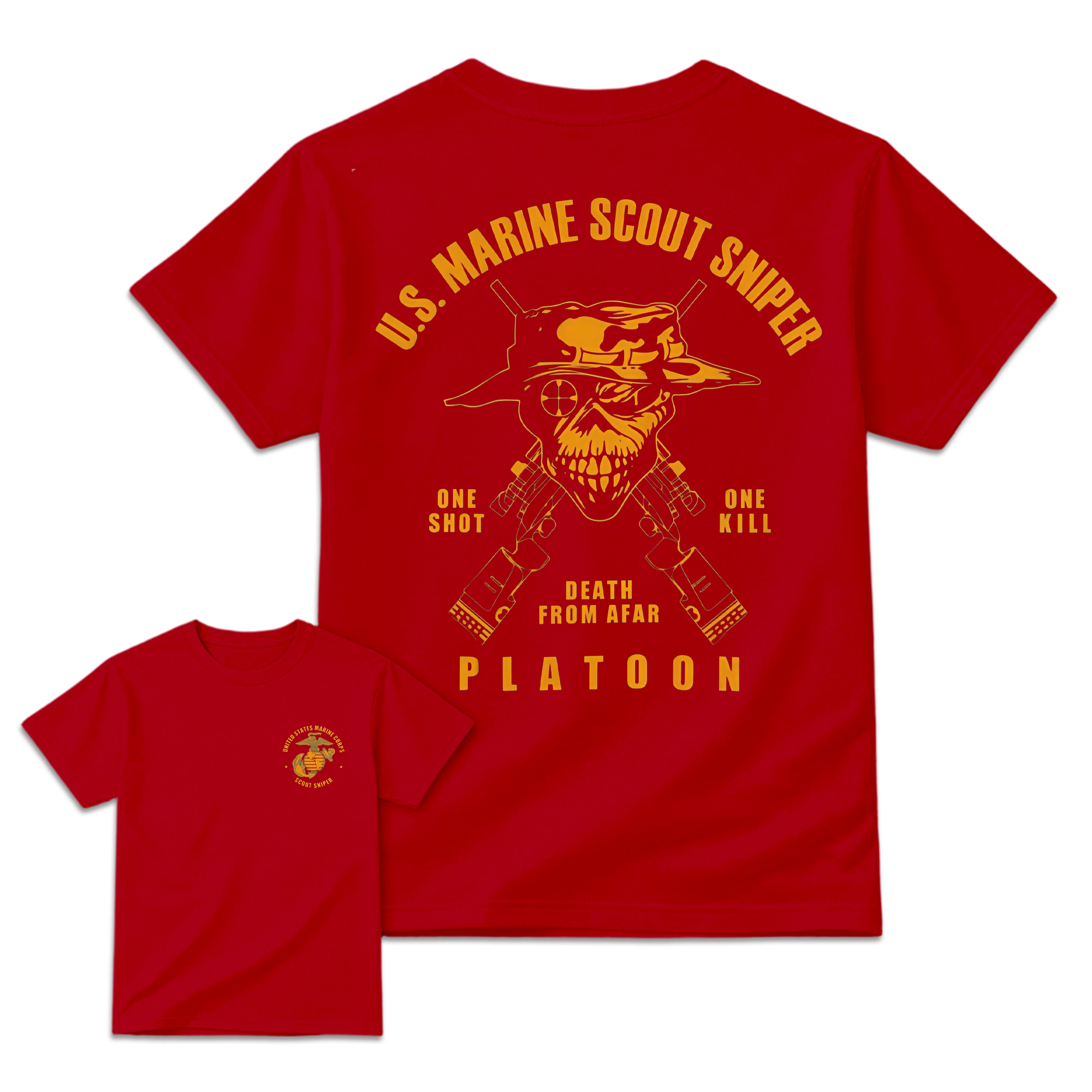 Men's U.S. Marine Scout Sniper T-Shirt,  Casual Menswear, 2-Sided Marine Legacy Art, Bold Skull and Rifle Art, Skull Print, Eagle Globe & Anchor Military Pride Apparel