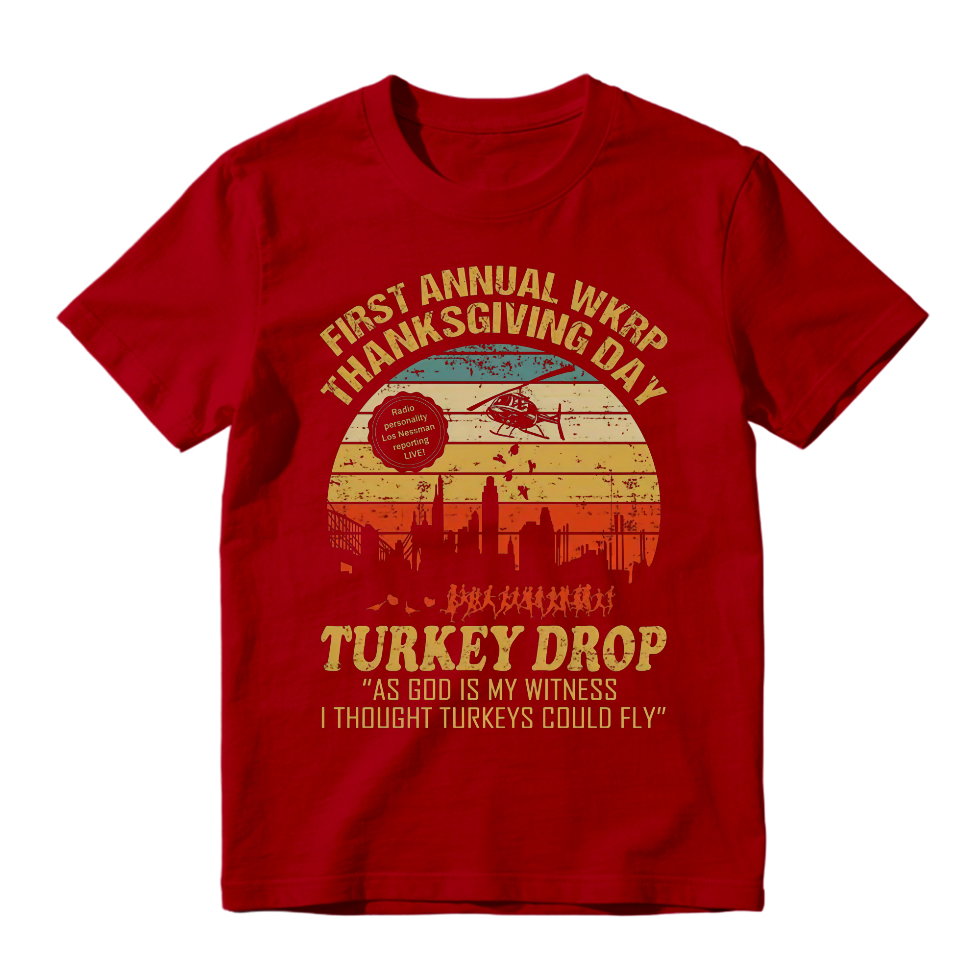 WKRP Thanksgiving Turkey Drop Graphic T-Shirt , As God Is My Witness I Thought Turkeys Could Fly Graphic Print, 70s TV Sitcom Retro Humor Top, Thanksgiving Fan Gift Streetwear