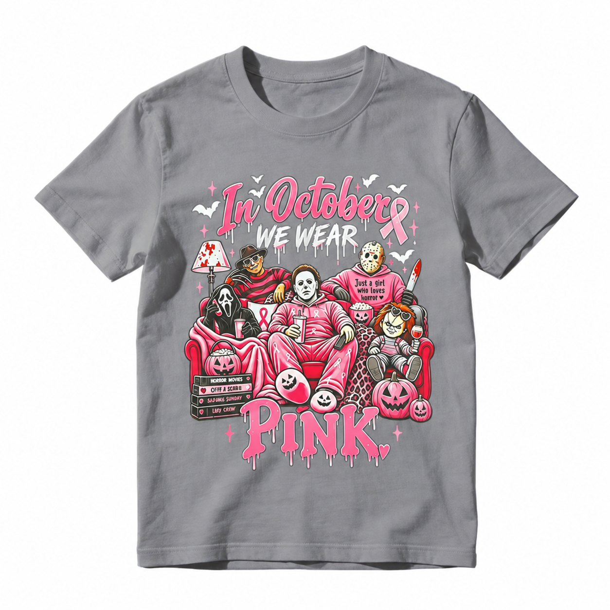 In October We Wear Pink Horror Movie Characters Print Breast Cancer Awareness Graphic T-Shirt
