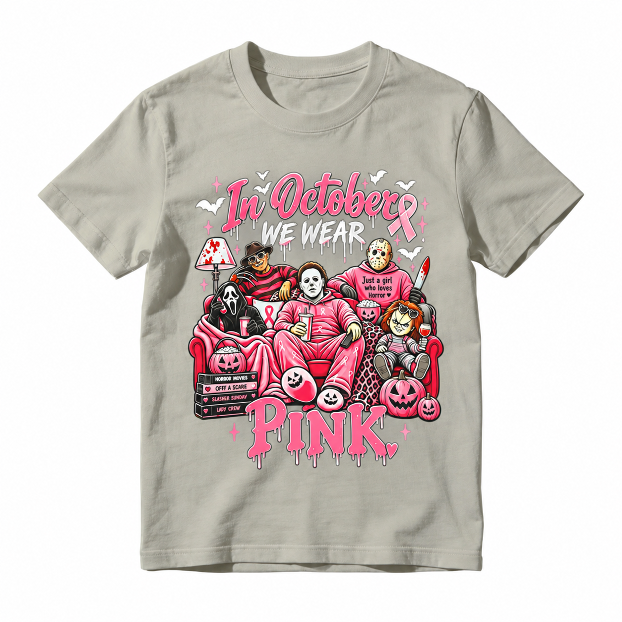In October We Wear Pink Horror Movie Characters Print Breast Cancer Awareness Graphic T-Shirt