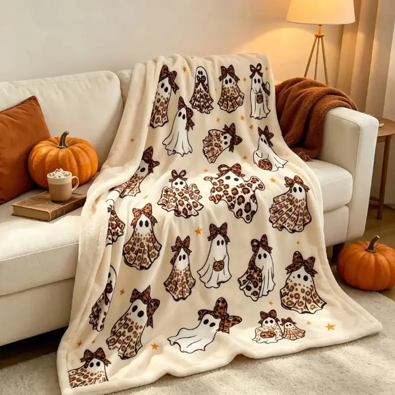 Halloween Cheetah Ghost Flannel Blankets Throw Blankets Pink Or Brown Leopard Print Bedding Bed Accessories Wrinkle Resistant Cozy Spooky Western Boho For Adult Baby Home Decor Halloween Season  Gift Fall Farmhouse Decor Spooky Season Blanket