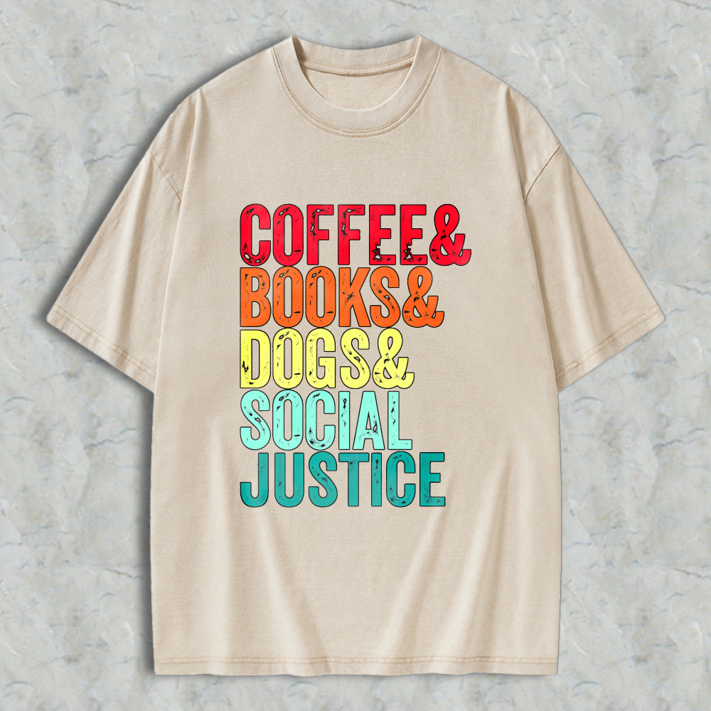 Wardrobecart Coffee Books Dogs Social Justice Unisex Washed T-shirt