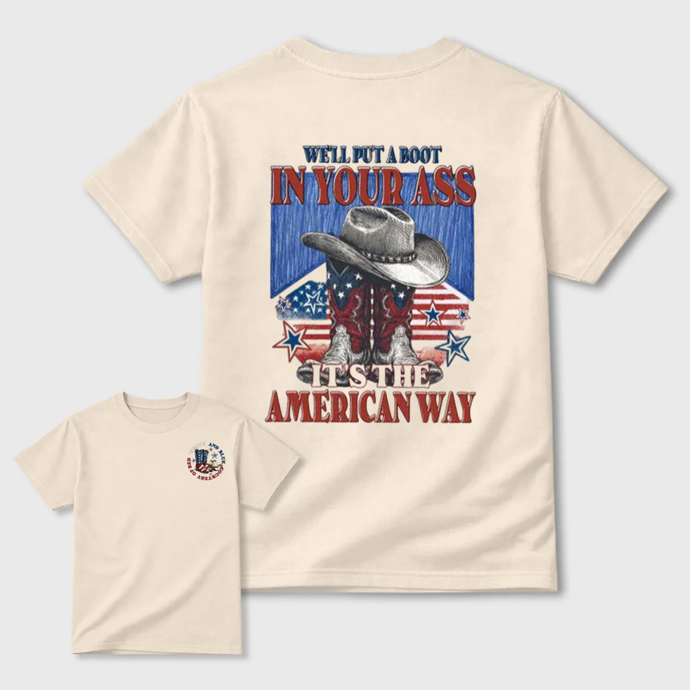 Sketch Style Cowboy Hat Boots American Flag Star Patriotic Graphic T-Shirt