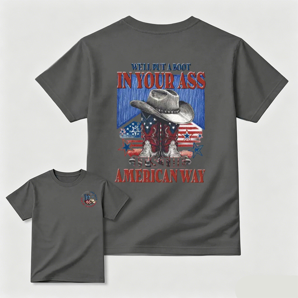 Sketch Style Cowboy Hat Boots American Flag Star Patriotic Graphic T-Shirt