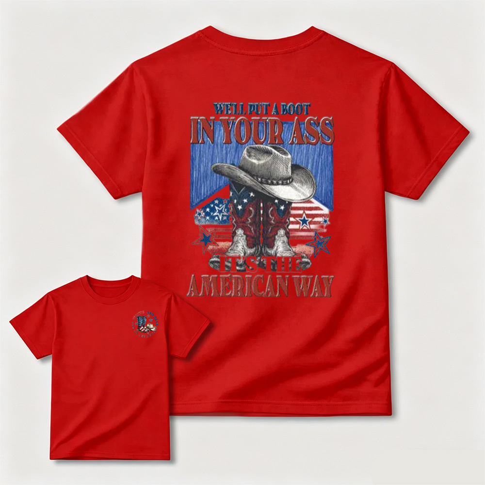 Sketch Style Cowboy Hat Boots American Flag Star Patriotic Graphic T-Shirt