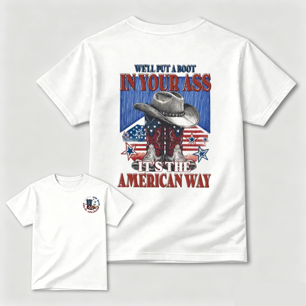 Sketch Style Cowboy Hat Boots American Flag Star Patriotic Graphic T-Shirt