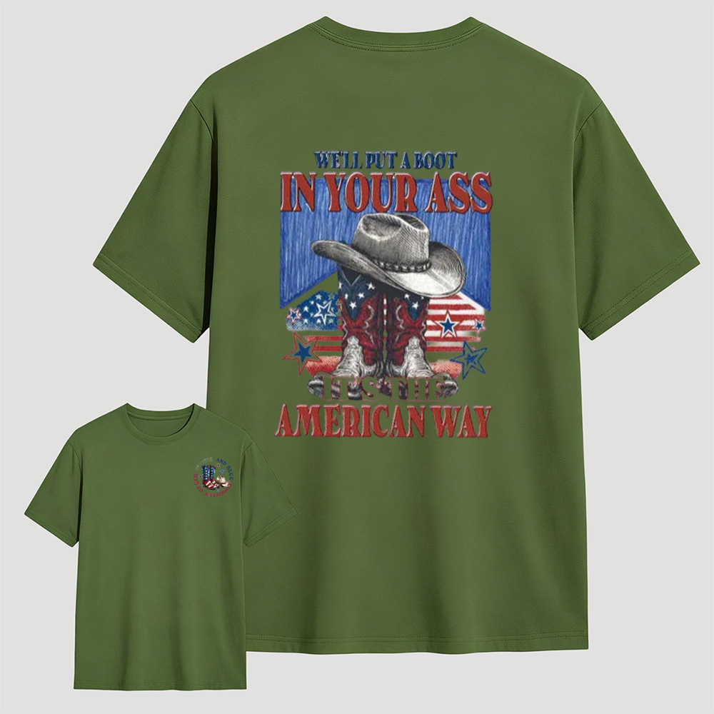 Sketch Style Cowboy Hat Boots American Flag Star Patriotic Graphic T-Shirt
