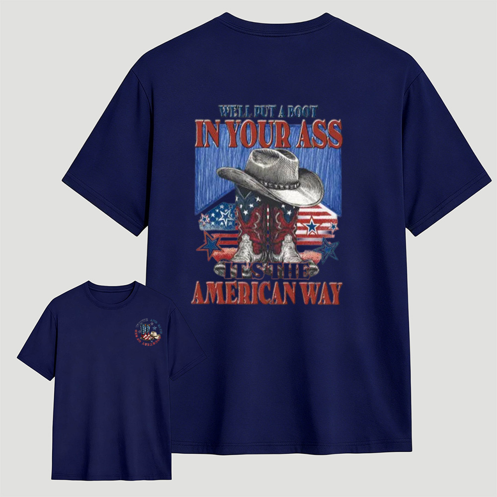 Sketch Style Cowboy Hat Boots American Flag Star Patriotic Graphic T-Shirt