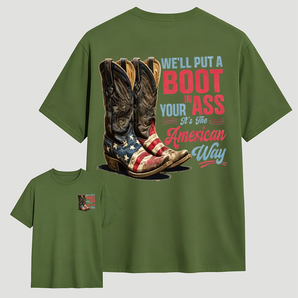 American Flag Cowboy Boots Retro Patriotic Casual Cotton T-Shirt