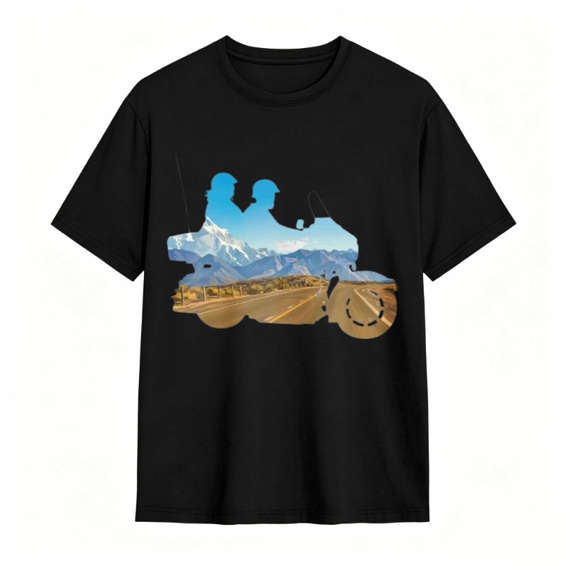 Mountain Landscape With Two Riders On A Motorcycle T-shirt