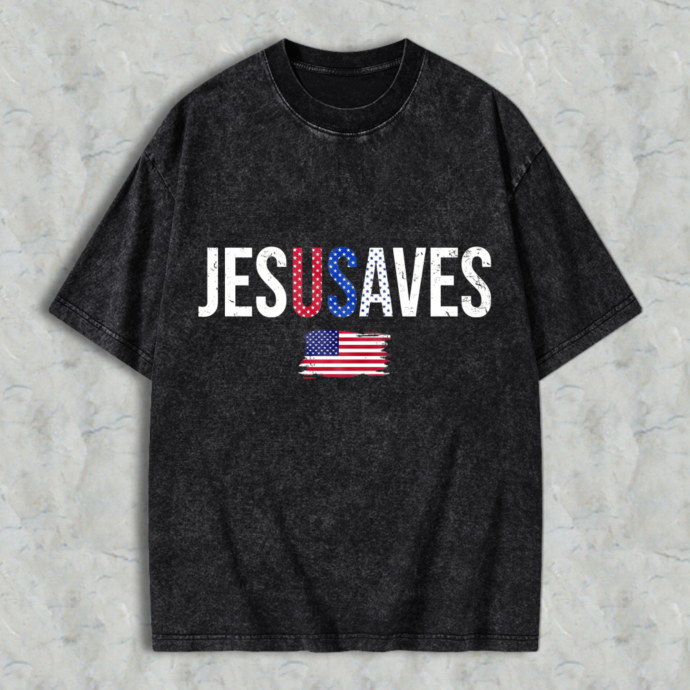 Jesus Saves With American Flag Design Washed T-shirt