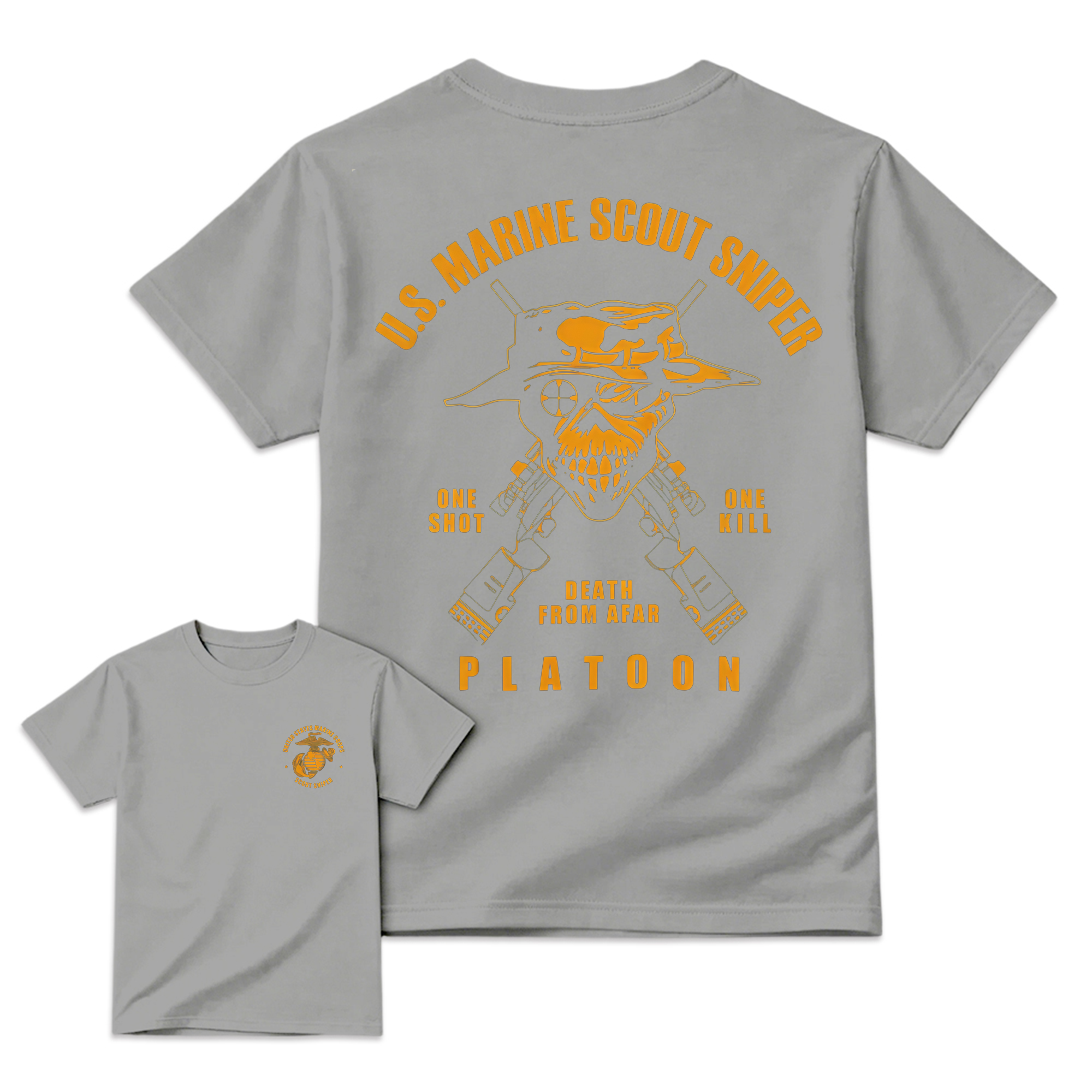 Men's U.S. Marine Scout Sniper T-Shirt,  Casual Menswear, 2-Sided Marine Legacy Art, Bold Skull and Rifle Art, Skull Print, Eagle Globe & Anchor Military Pride Apparel
