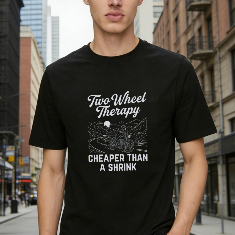 Two Wheel Therapy Motorcycle Mountain Scene Cheaper Than A Shrink T-shirt