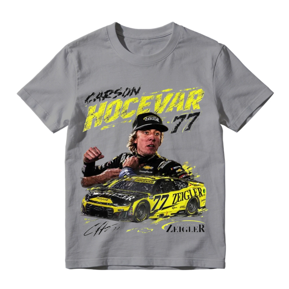 Classic black crew neck t-shirt with Carson Hocevar 77 race car graphic, perfect for motorsport fans, casual outings