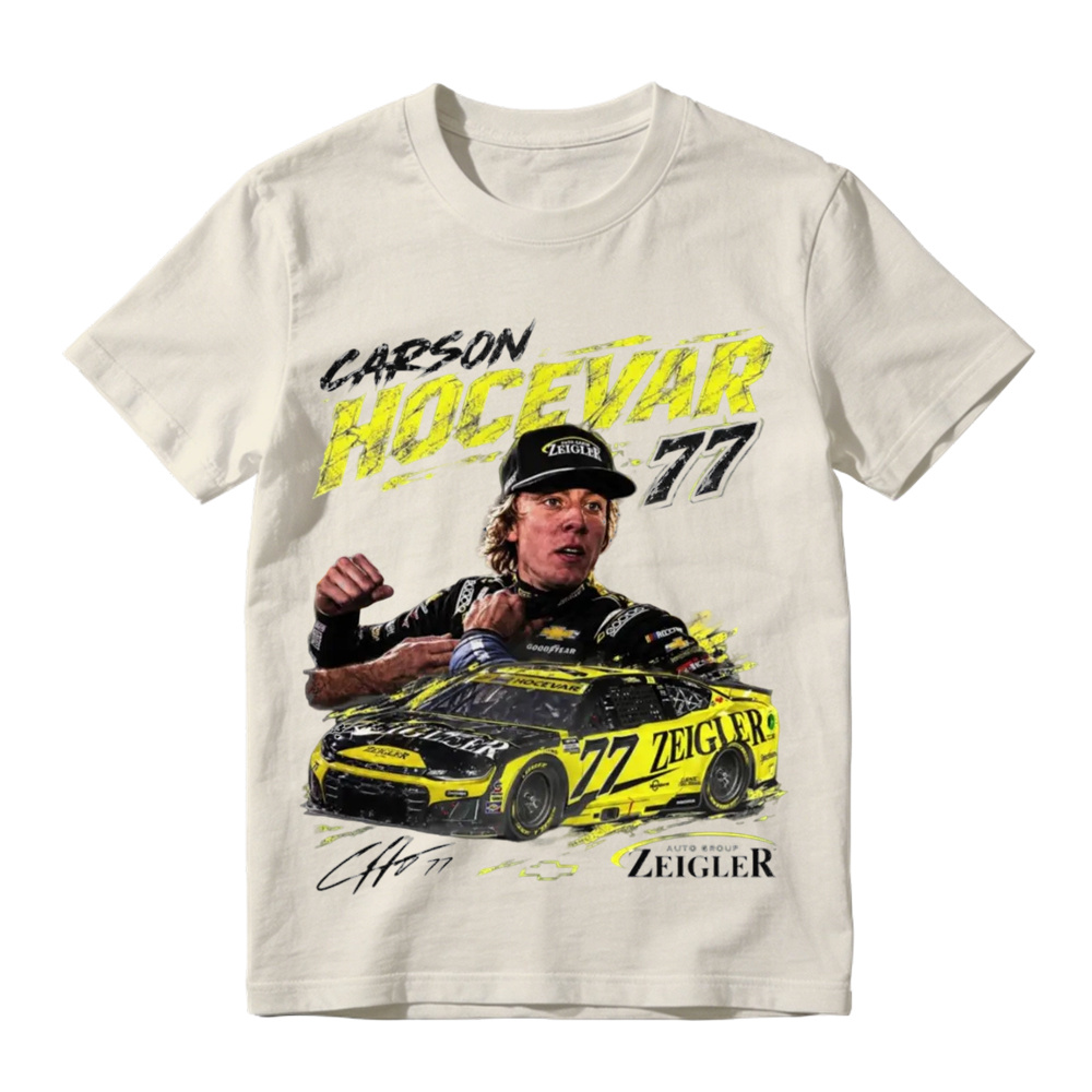 Classic black crew neck t-shirt with Carson Hocevar 77 race car graphic, perfect for motorsport fans, casual outings