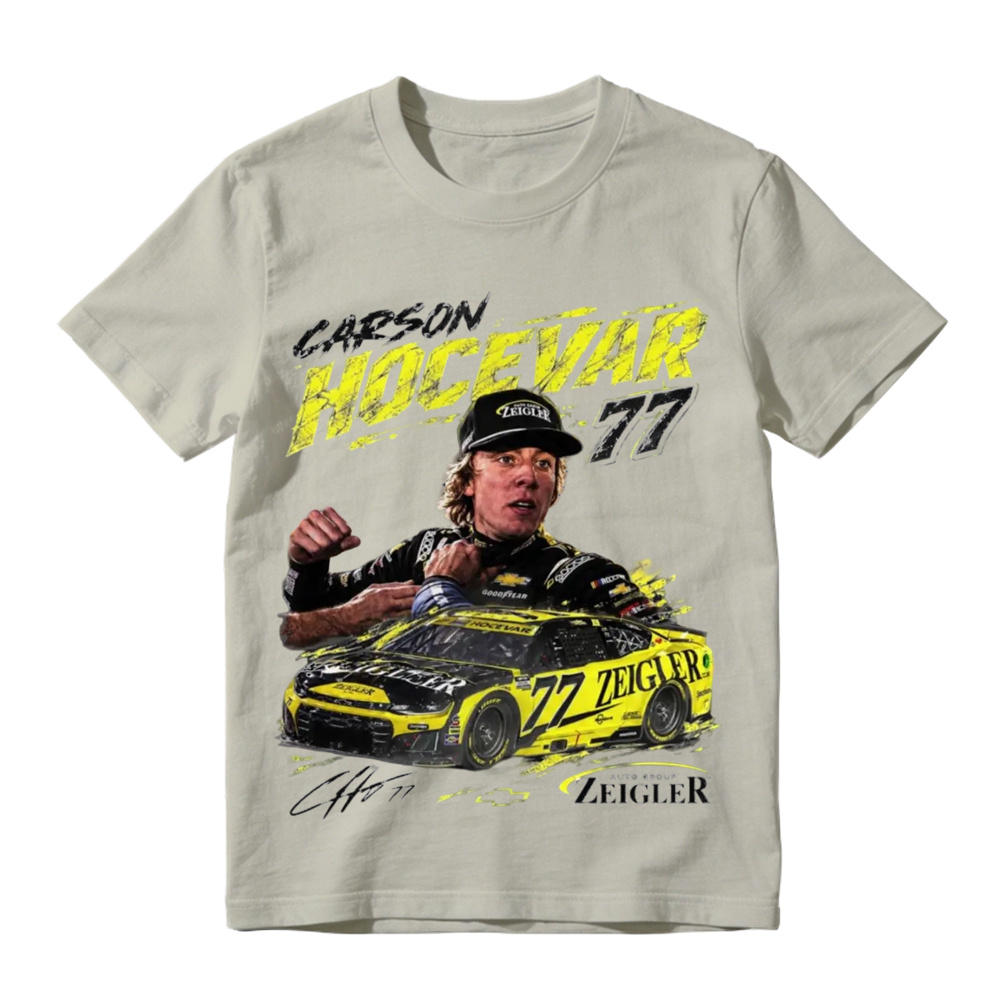 Classic black crew neck t-shirt with Carson Hocevar 77 race car graphic, perfect for motorsport fans, casual outings