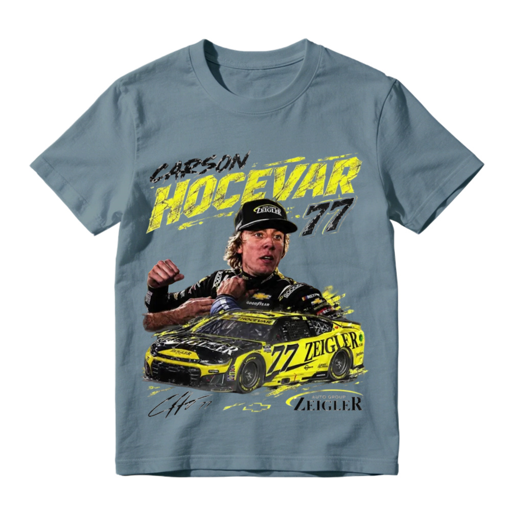 Classic black crew neck t-shirt with Carson Hocevar 77 race car graphic, perfect for motorsport fans, casual outings