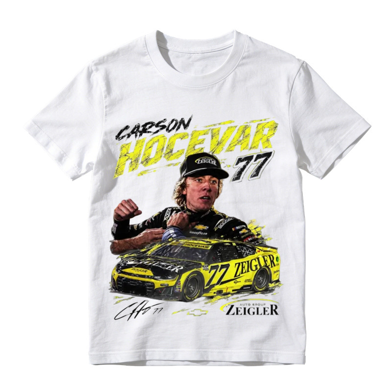 Classic black crew neck t-shirt with Carson Hocevar 77 race car graphic, perfect for motorsport fans, casual outings
