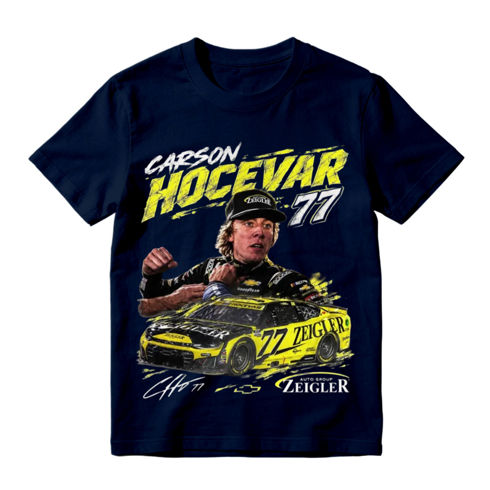 Classic black crew neck t-shirt with Carson Hocevar 77 race car graphic, perfect for motorsport fans, casual outings