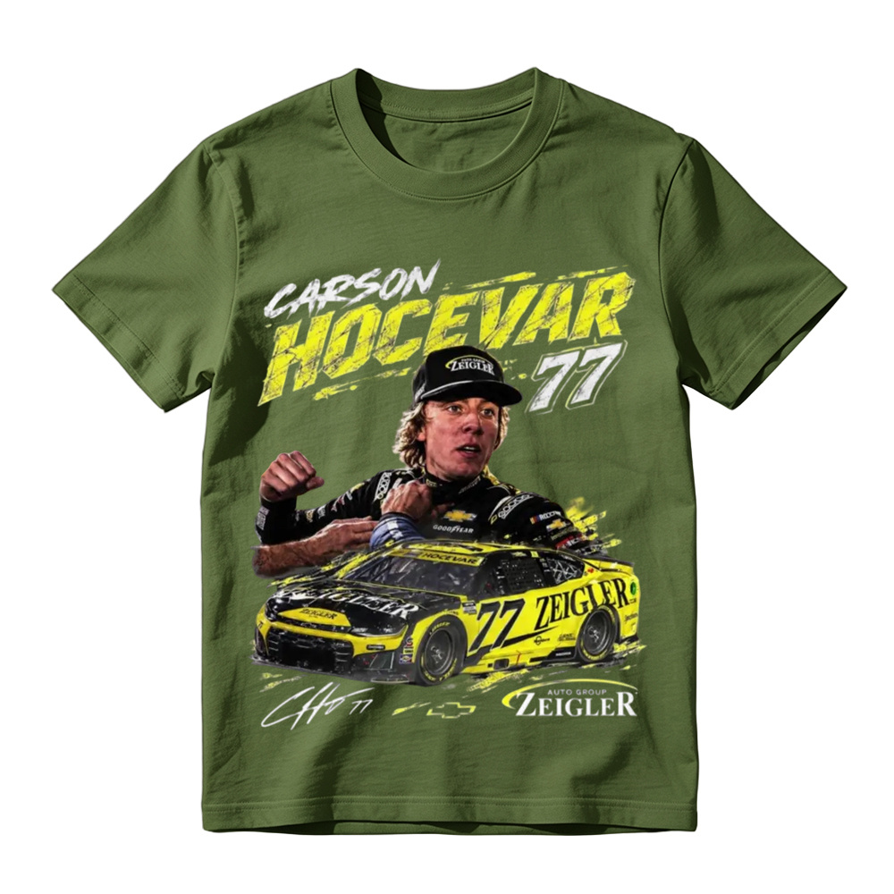 Classic black crew neck t-shirt with Carson Hocevar 77 race car graphic, perfect for motorsport fans, casual outings