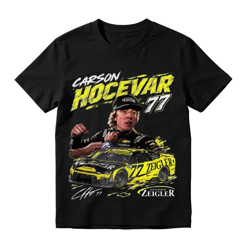 Classic black crew neck t-shirt with Carson Hocevar 77 race car graphic, perfect for motorsport fans, casual outings