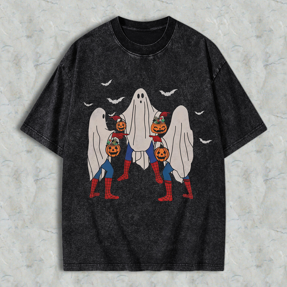 Unisex Menswear Loose Casual Soft Halloween T-Shirt - Vintage Washed Grunge Streetwear Short Sleeve Tee with Meme, Bedsheet Ghost, Pumpkin Bucket Graphics