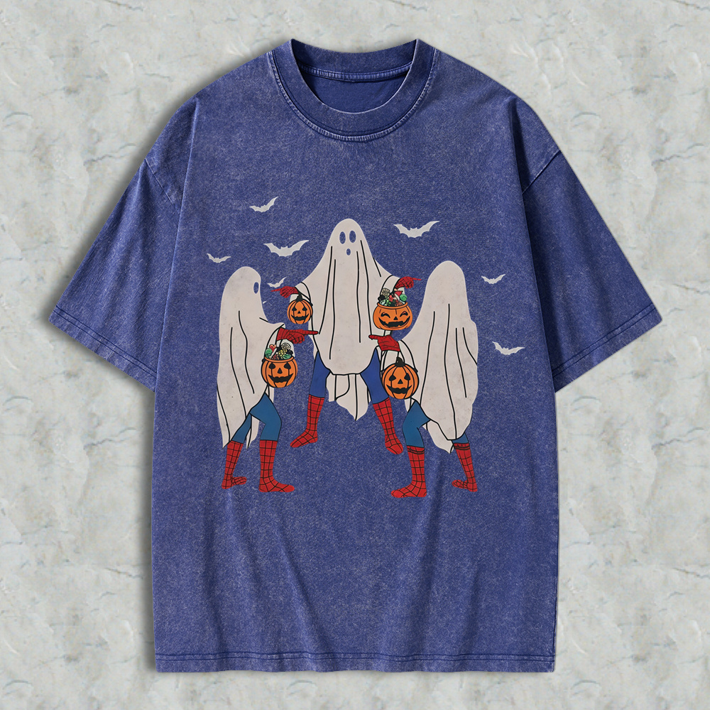 Unisex Menswear Loose Casual Soft Halloween T-Shirt - Vintage Washed Grunge Streetwear Short Sleeve Tee with Meme, Bedsheet Ghost, Pumpkin Bucket Graphics