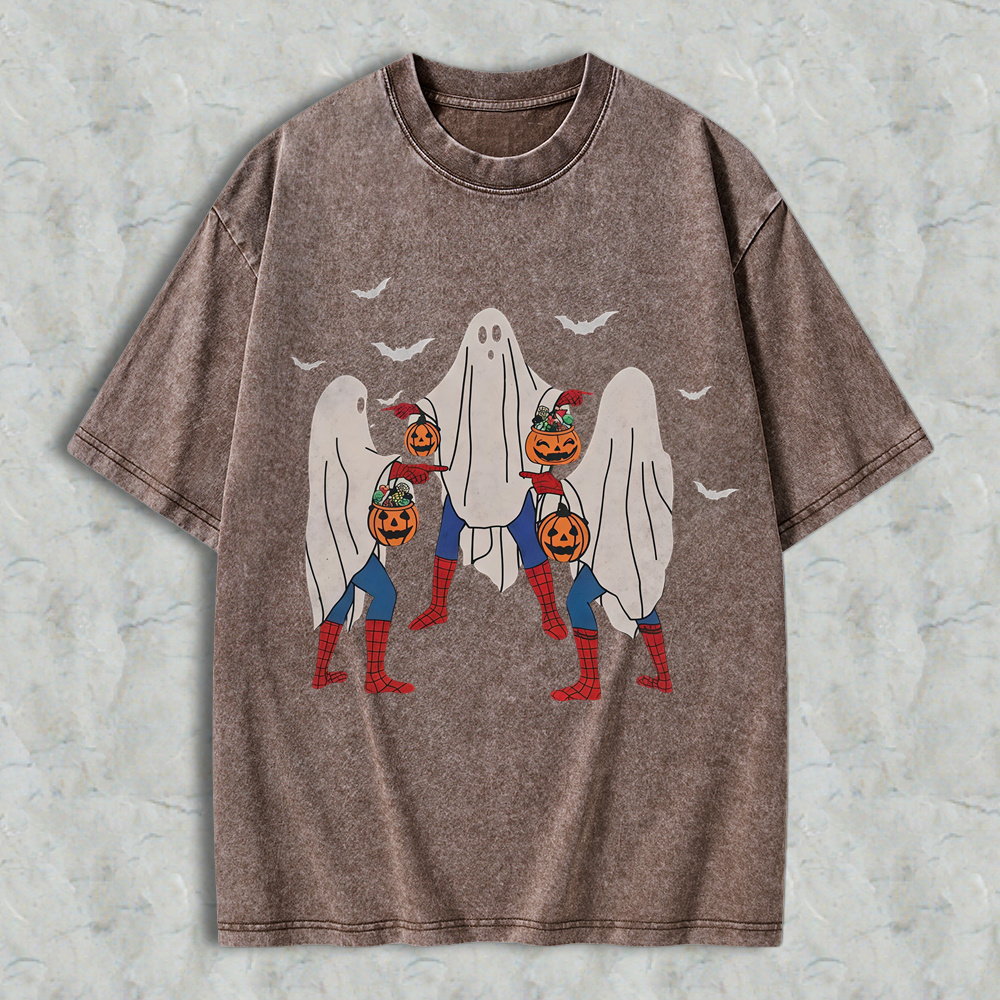 Unisex Menswear Loose Casual Soft Halloween T-Shirt - Vintage Washed Grunge Streetwear Short Sleeve Tee with Meme, Bedsheet Ghost, Pumpkin Bucket Graphics