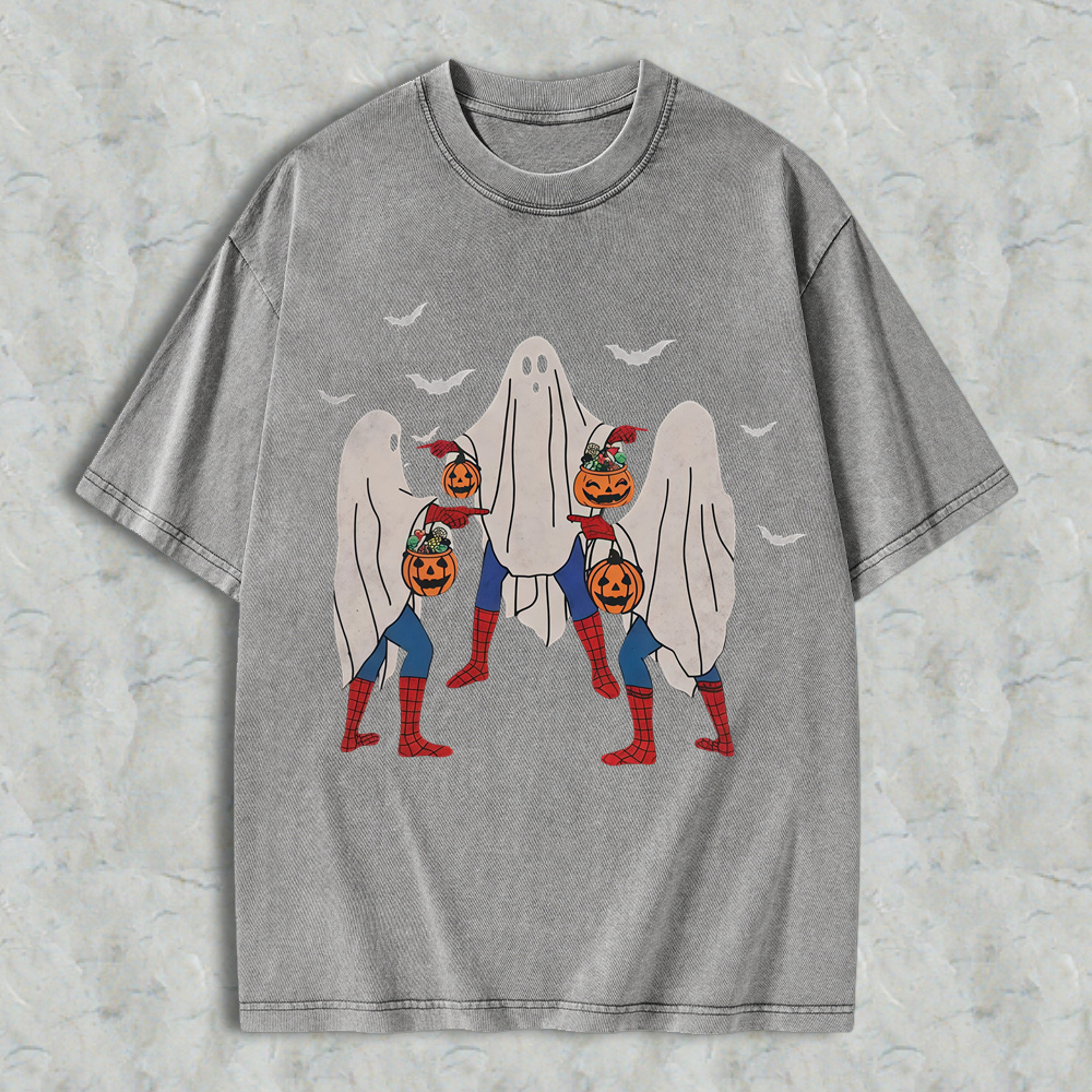 Unisex Menswear Loose Casual Soft Halloween T-Shirt - Vintage Washed Grunge Streetwear Short Sleeve Tee with Meme, Bedsheet Ghost, Pumpkin Bucket Graphics