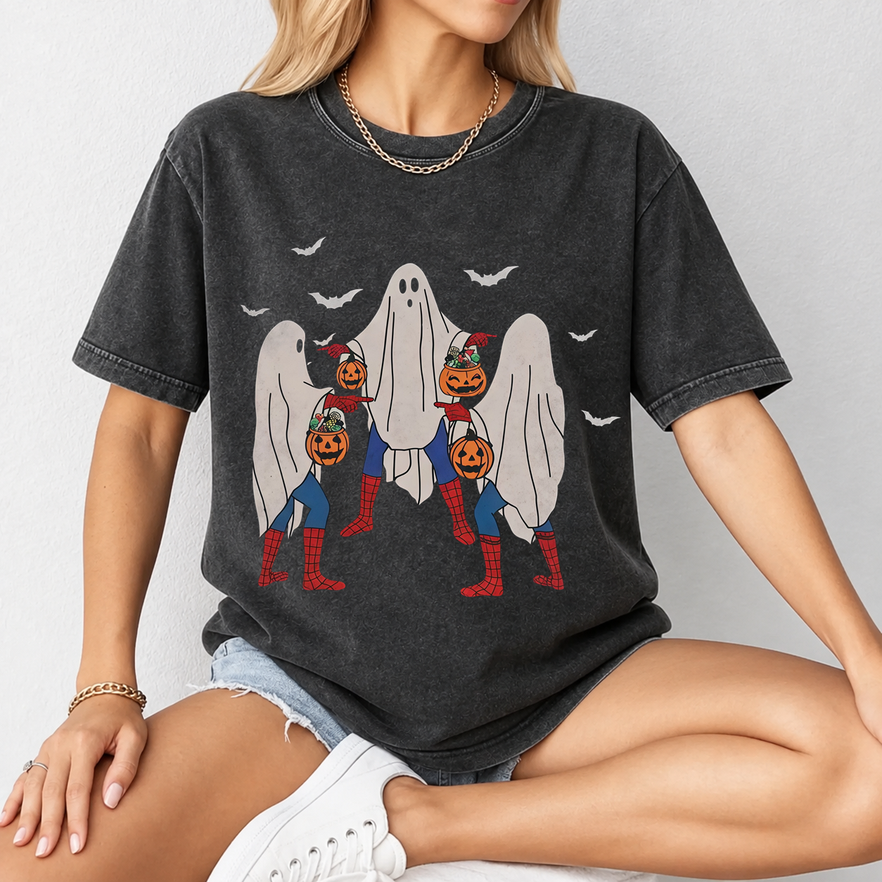 Unisex Menswear Loose Casual Soft Halloween T-Shirt - Vintage Washed Grunge Streetwear Short Sleeve Tee with Meme, Bedsheet Ghost, Pumpkin Bucket Graphics