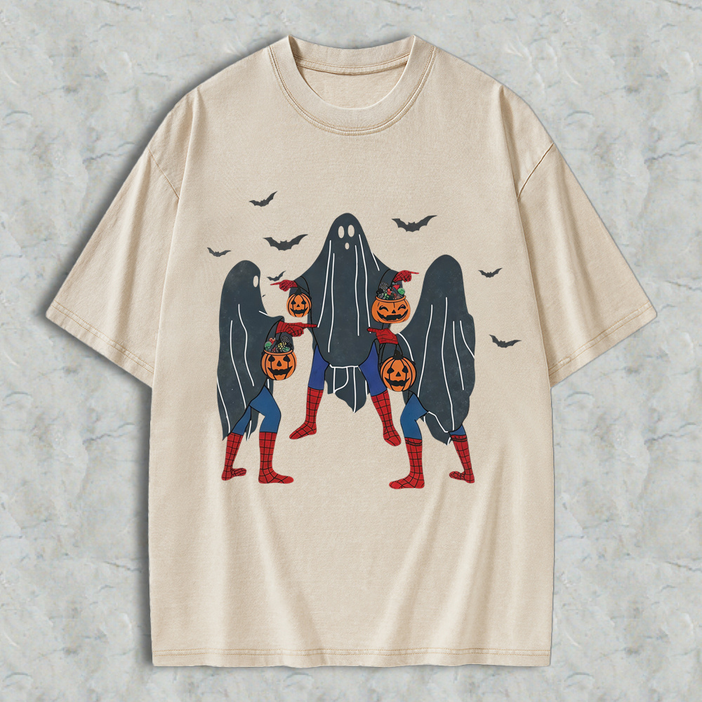 Unisex Menswear Loose Casual Soft Halloween T-Shirt - Vintage Washed Grunge Streetwear Short Sleeve Tee with Meme, Bedsheet Ghost, Pumpkin Bucket Graphics