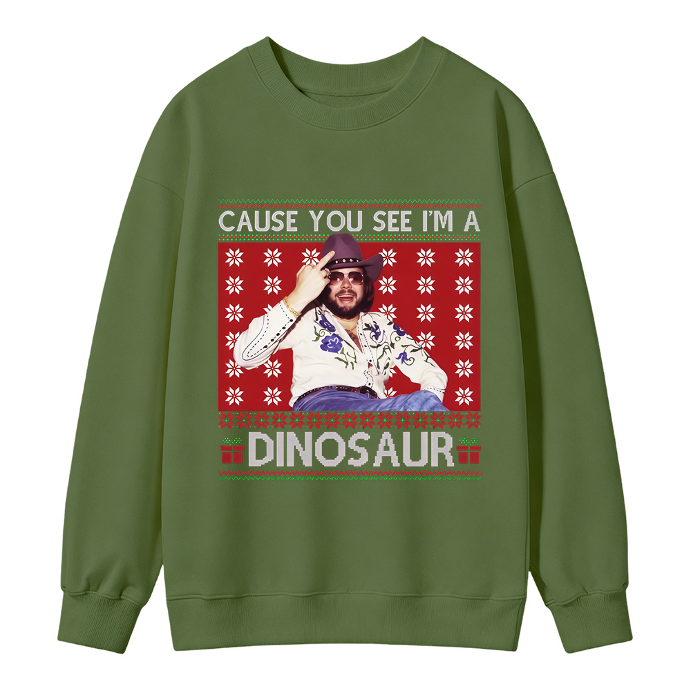 Merry Christmas Dinosaur Hank Williams.Jr Western Sweatshirt, Funny Western Holiday Shirt, Ugly Christmas Sweater, Vintage Country Music Graphic Crewneck, Country Music Fan Gift