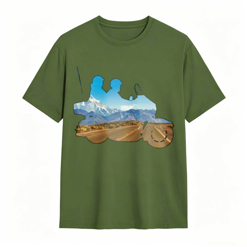 Mountain Landscape With Two Riders On A Motorcycle T-shirt