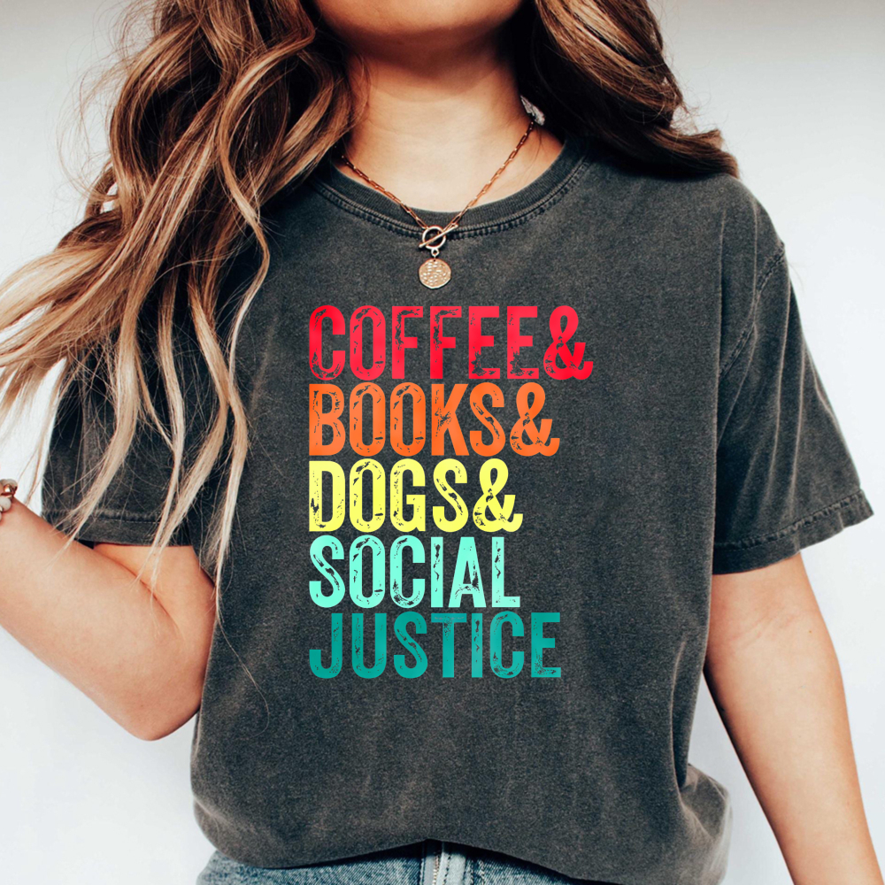 Wardrobecart Coffee Books Dogs Social Justice Unisex Washed T-shirt