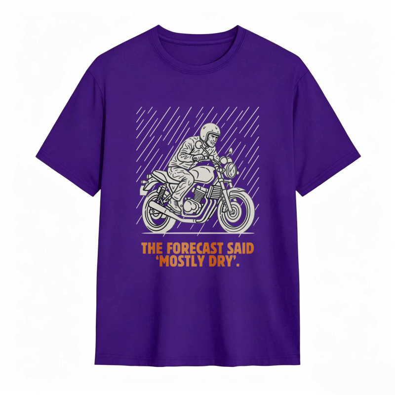 Motorcycle Rider With Rain Lines And Text The Forecast Said Mostly Dry T-shirt