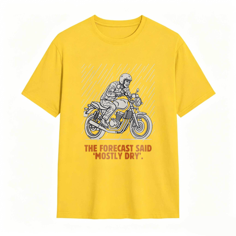 Motorcycle Rider With Rain Lines And Text The Forecast Said Mostly Dry T-shirt