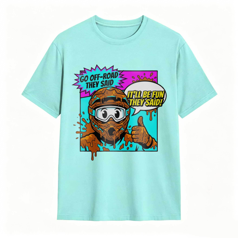 Off Road Adventure Cartoon Character With Mud And Speech Bubbles T-shirt