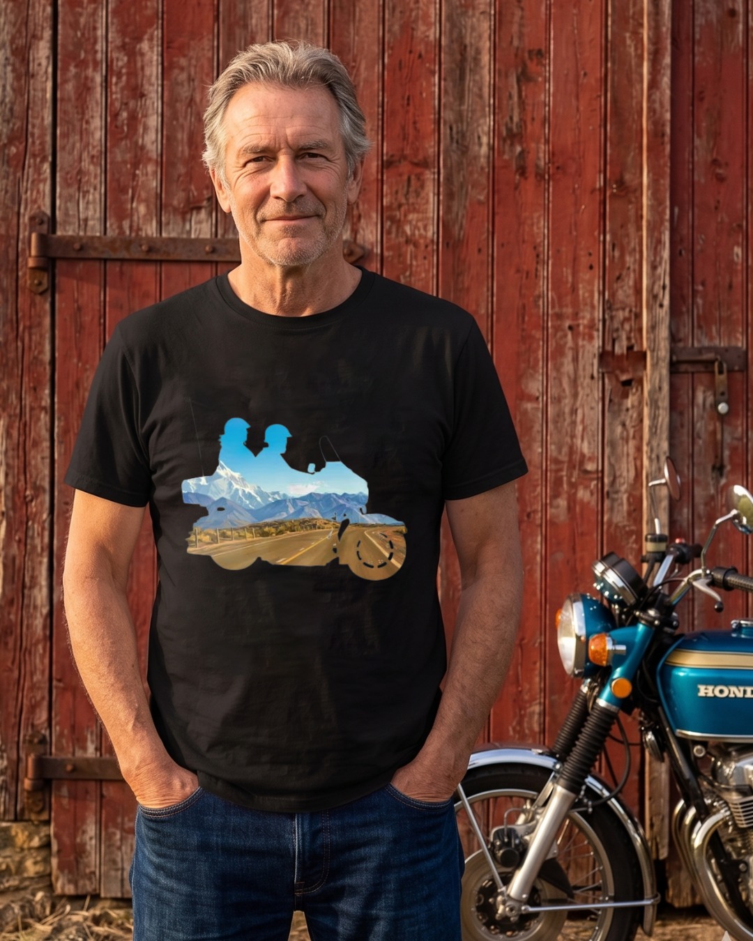 Mountain Landscape With Two Riders On A Motorcycle T-shirt