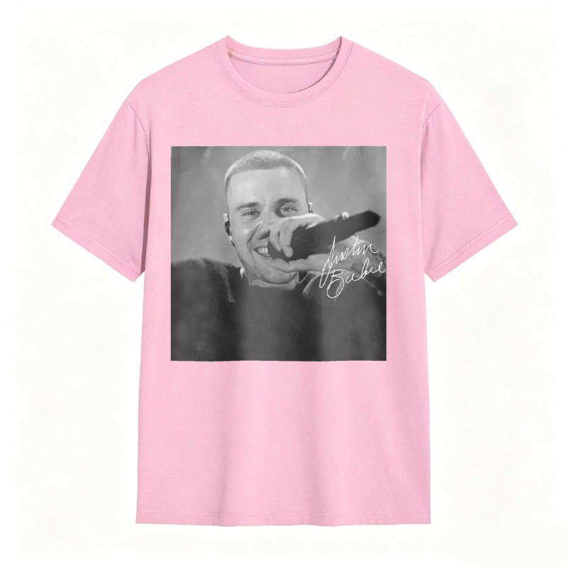 Justin Bieber Singing With Microphone Signature tshirt 100% cotton