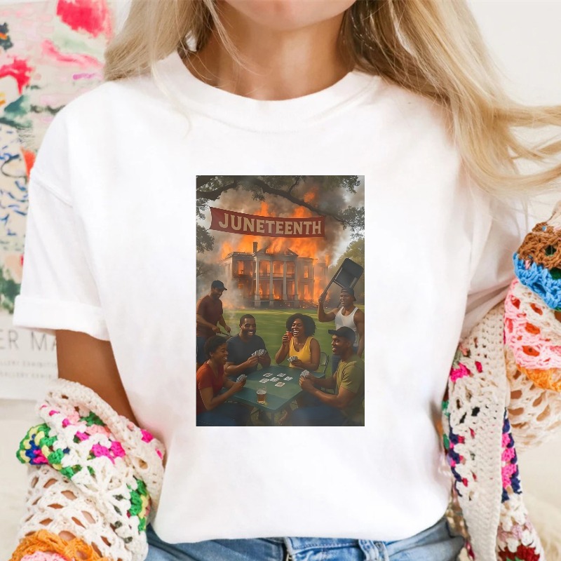 Juneteenth Celebration Scene With People Gathering Around A Table And A Burning House In The Background T-shirt