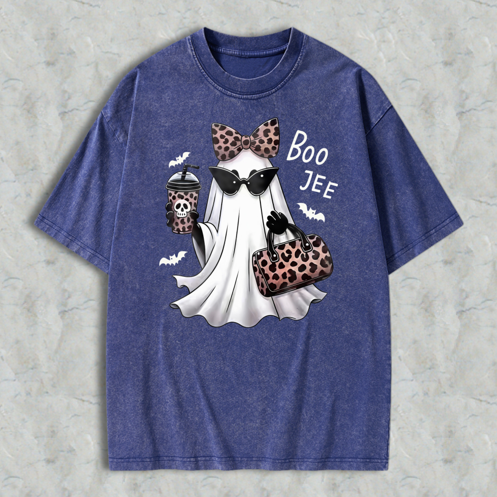 Leopard Print Ghost With Sunglasses And Boo Jee Text Washed T-shirt