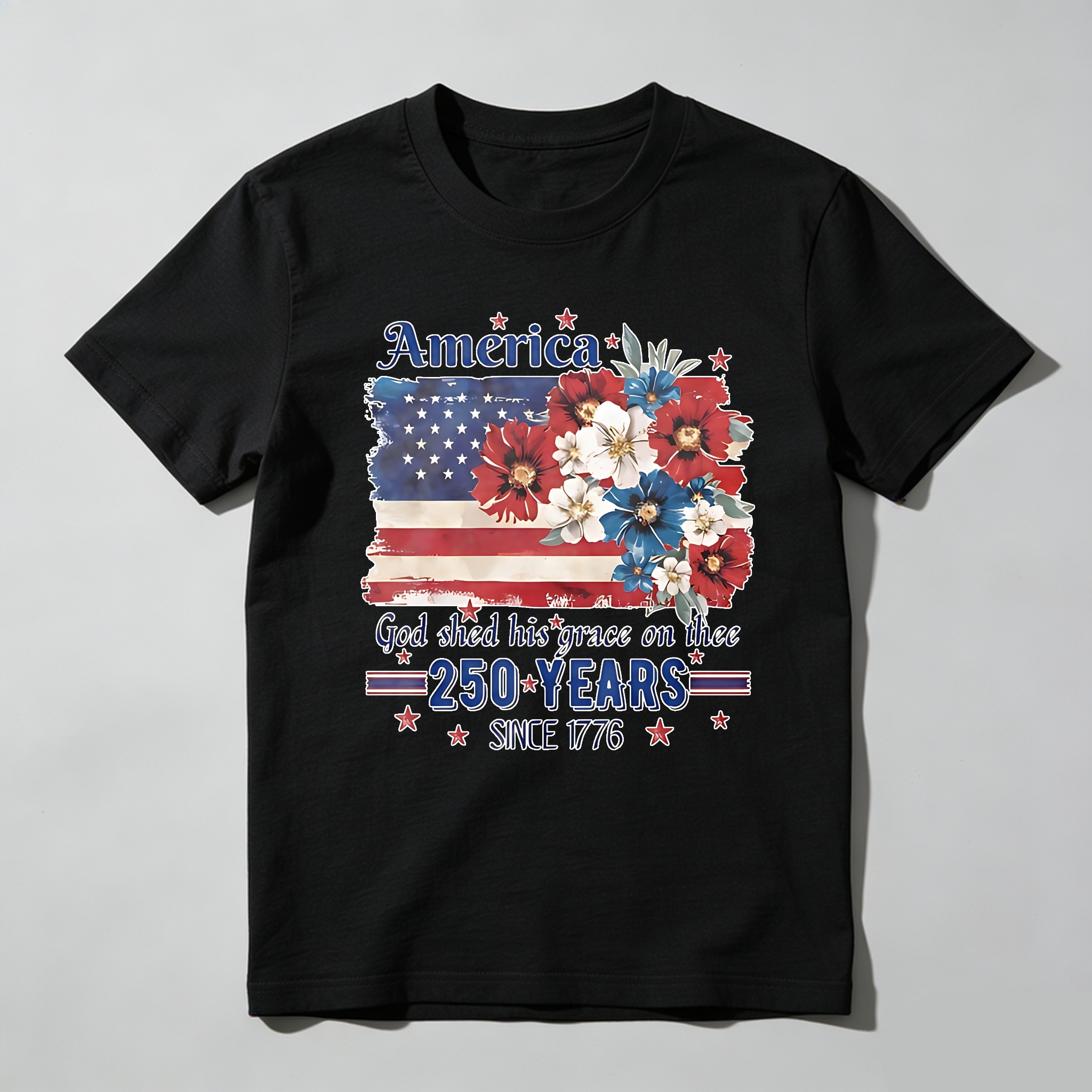America Flag With Flowers And Patriotic Text 250 Years Since 1776 T-shirt