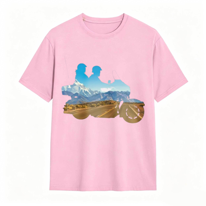 Mountain Landscape With Two Riders On A Motorcycle T-shirt