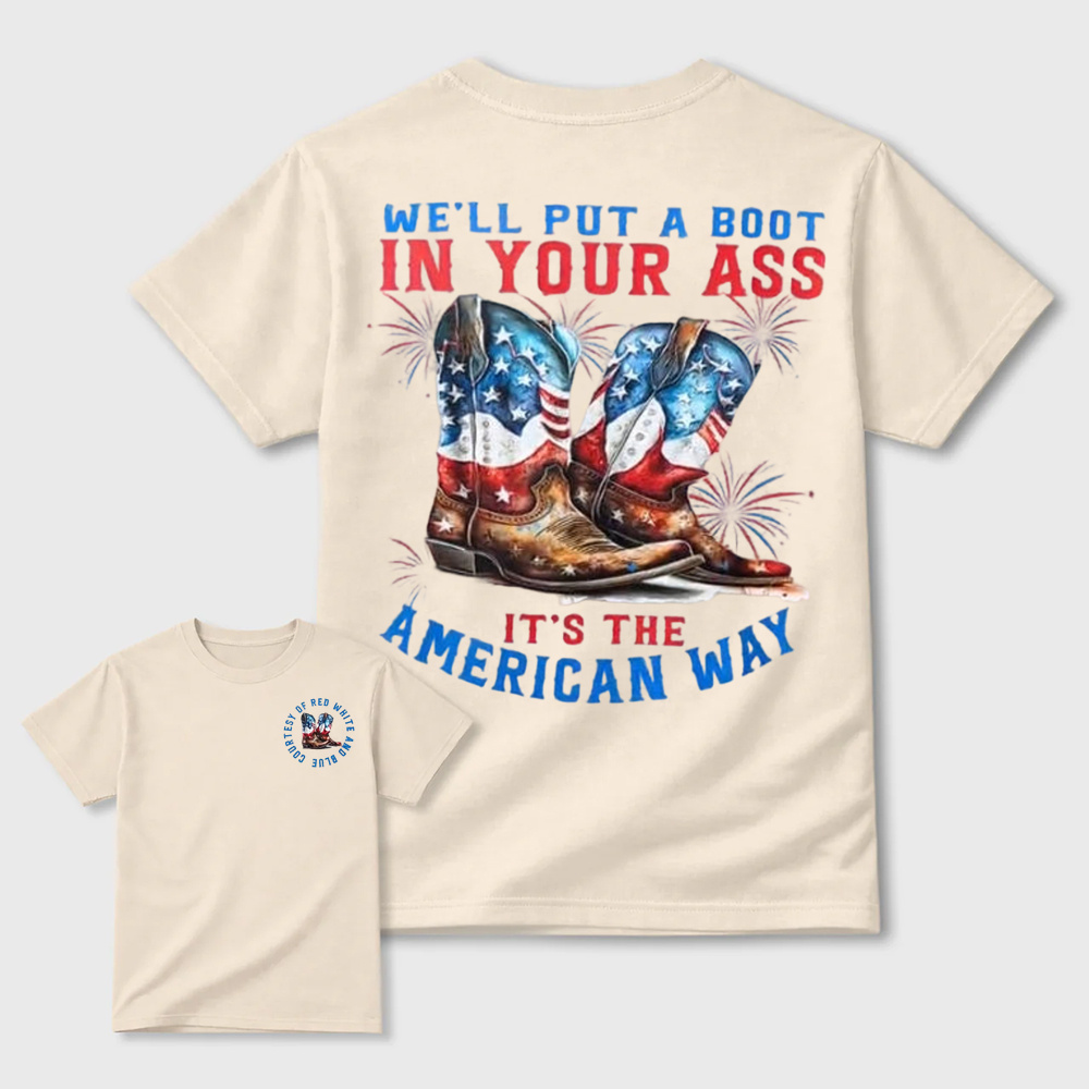 Watercolor American Flag Cowboy Boots Fireworks Patriotic Graphic T-Shirt