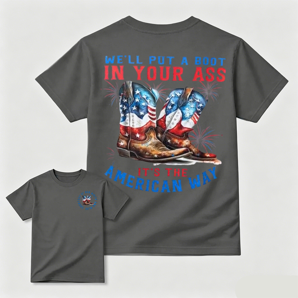 Watercolor American Flag Cowboy Boots Fireworks Patriotic Graphic T-Shirt
